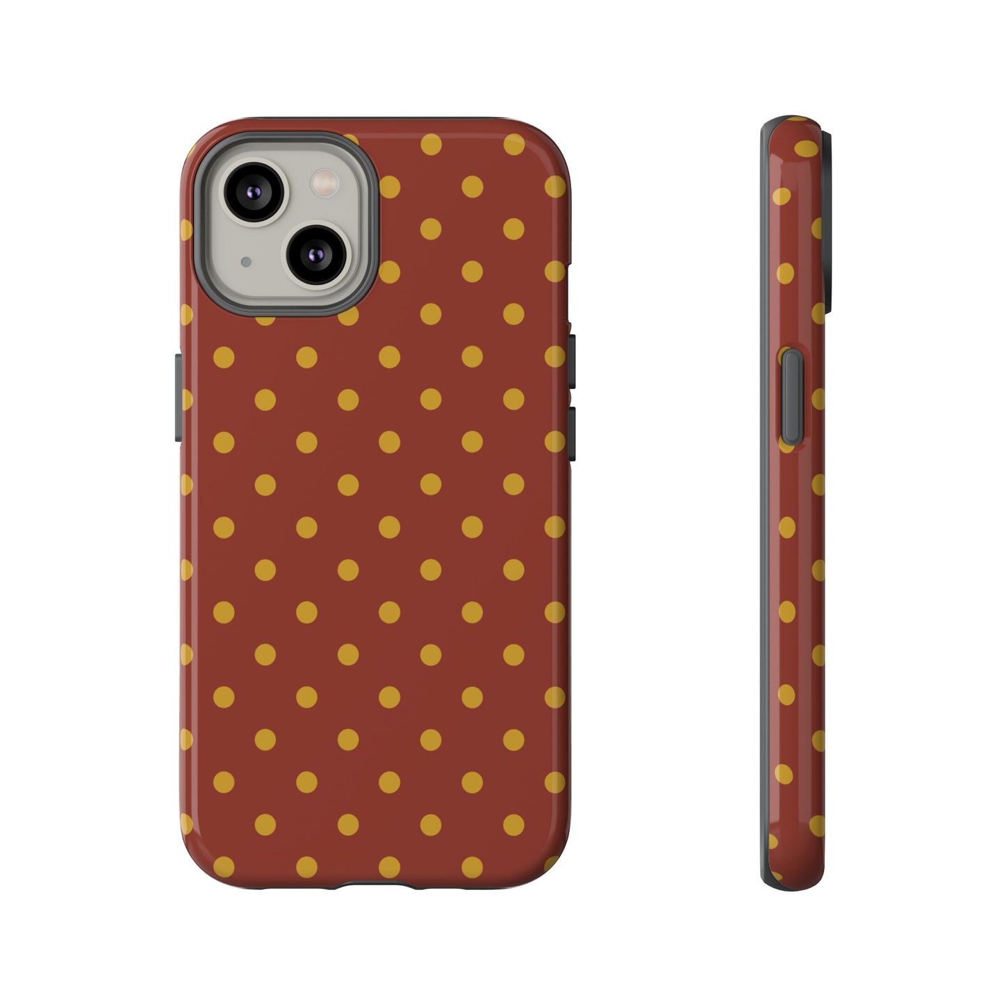 iPhone 14 / Glossy Phone Case - Trendy Brown & Mustard Dot Pattern Phone Case