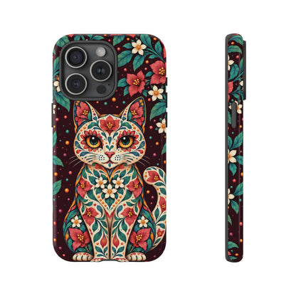 Vibrant Terracotta and Teal Calavera Cat Phone Case - Multicolor Phone Case - iPhone 15 Pro Max / Glossy