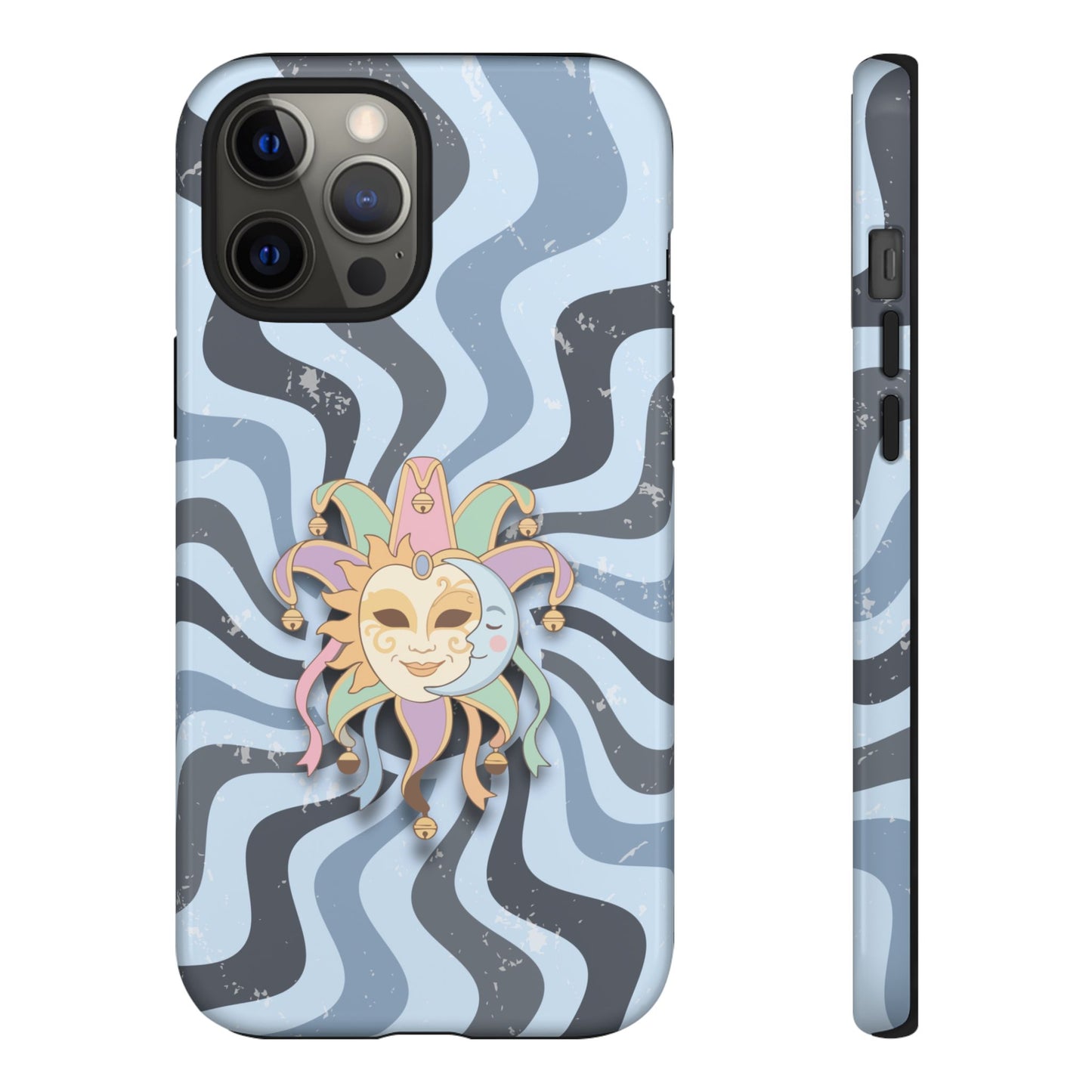 iPhone 12 Pro Max / Glossy Phone Case - Sun & Moon Jester Mask – Blue Retro Wave Phone Case