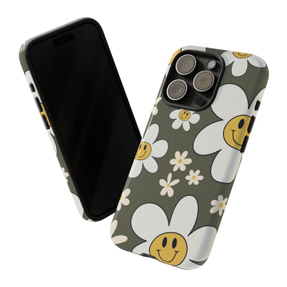 Fun Retro Daisy Pattern with Olive Green Background Phone Case - Green Phone Case
