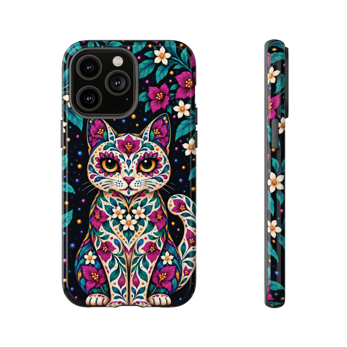 Vibrant Purple and Teal Calavera Cat Phone Case - Multicolor Phone Case - iPhone 14 Pro Max / Glossy