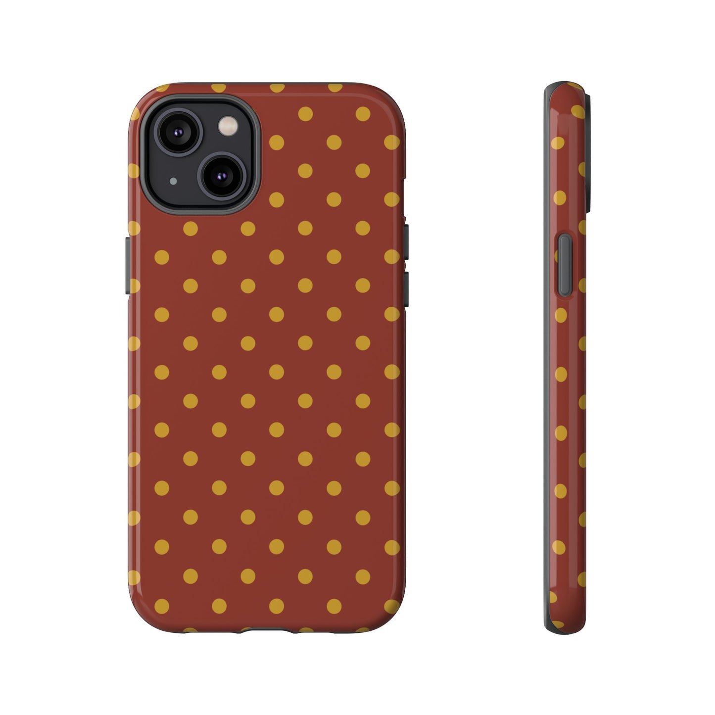 iPhone 14 Plus / Glossy Phone Case - Trendy Brown & Mustard Dot Pattern Phone Case