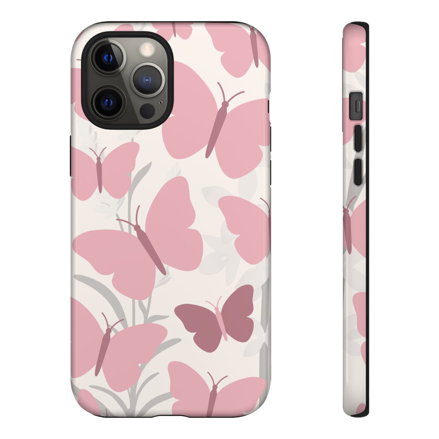 iPhone 12 Pro Max / Glossy Phone Case - Minimalist Cream & Pink Butterfly Pattern Phone Case