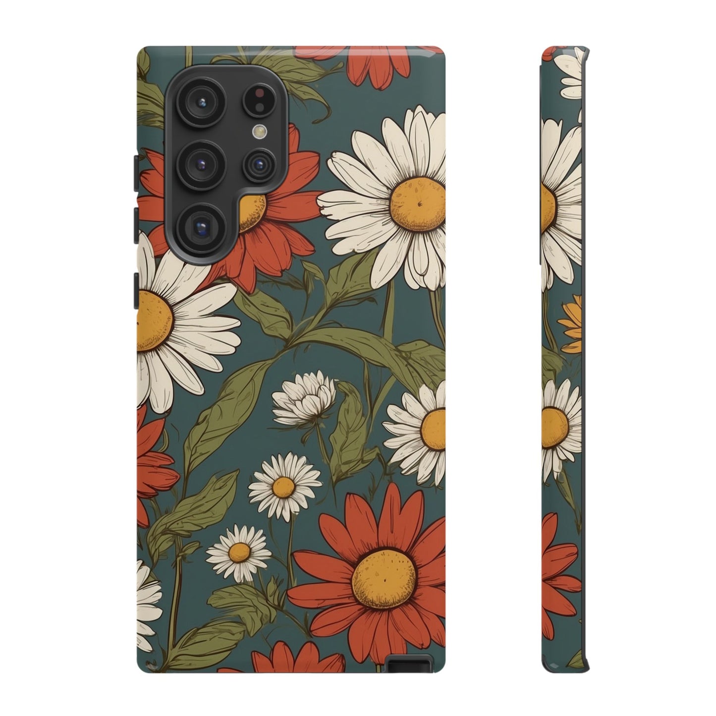 Samsung Galaxy S22 Ultra / Glossy Phone Case - Boho Chic Daisies Floral Pattern ’White & Red’ Phone Case