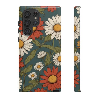 Samsung Galaxy S22 Ultra / Glossy Phone Case - Boho Chic Daisies Floral Pattern ’White & Red’ Phone Case
