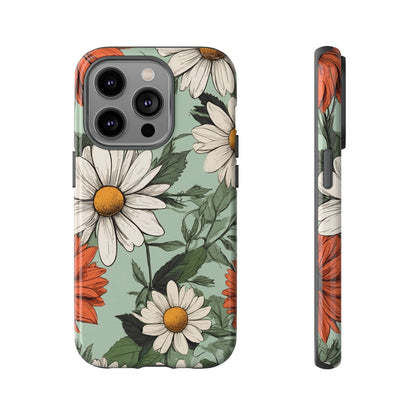 iPhone 14 Pro / Glossy Phone Case - Boho Chic Daisies Floral Pattern ’White & Orange’ Phone Case