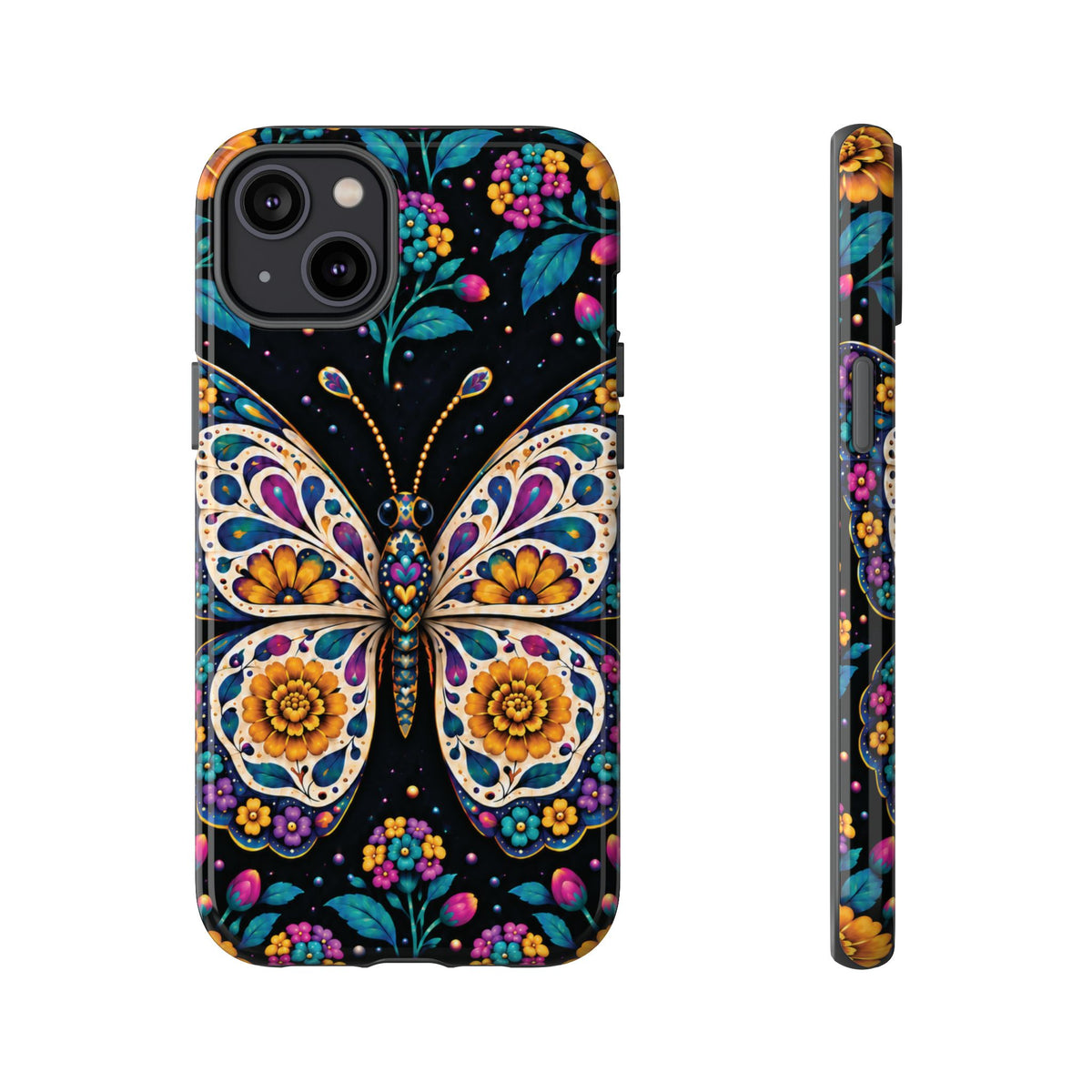 Vibrant Purple and Teal Calavera Butterfly Phone Case - Multicolor Phone Case - iPhone 14 Plus / Glossy