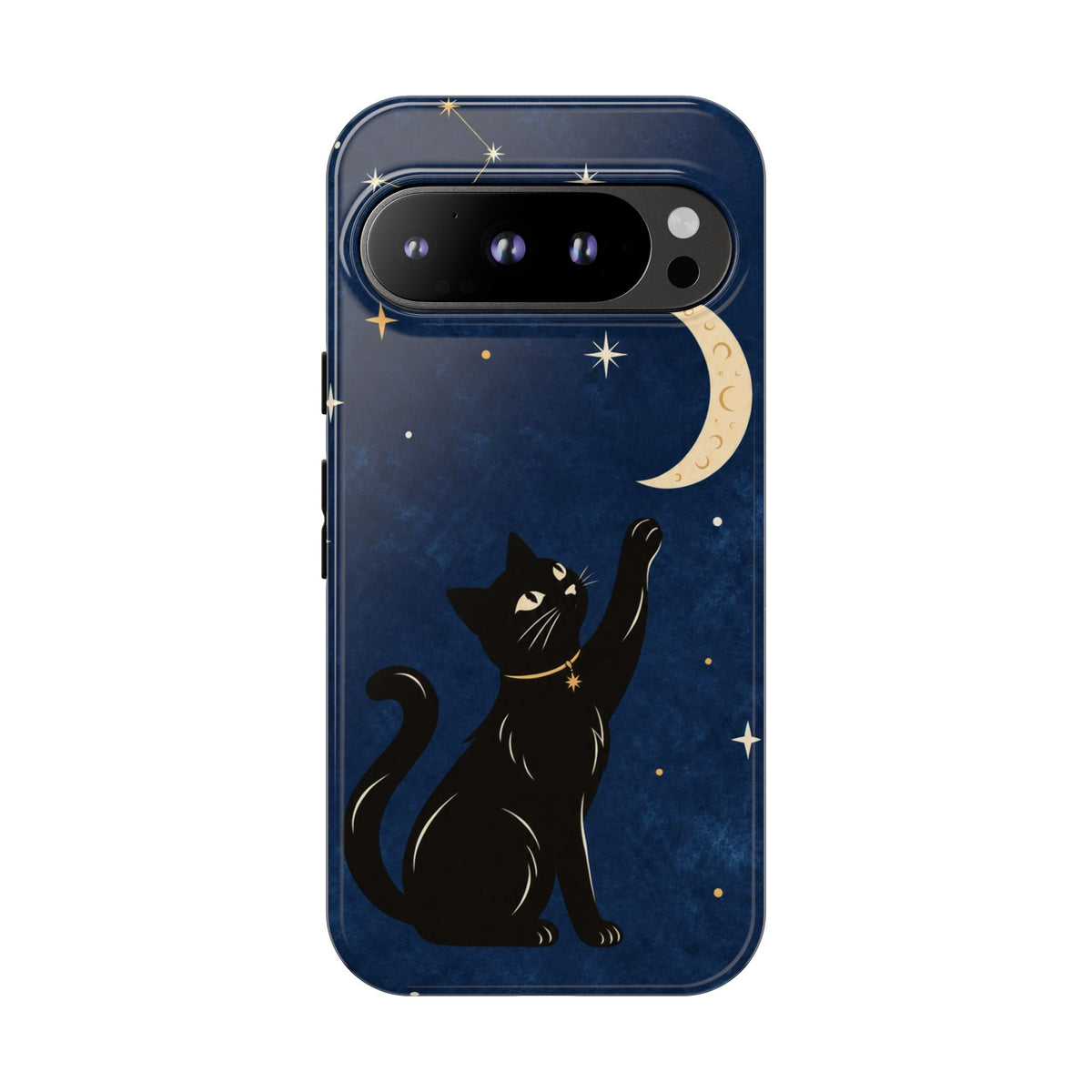 Whimsical Navy Blue Celestial Black Cat Phone Case
