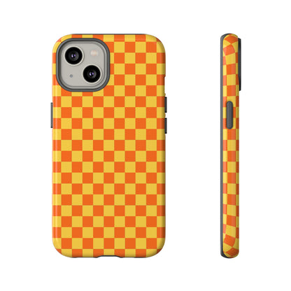 iPhone 14 / Glossy Phone Case - Trendy Orange & Yellow Small Checked Pattern Phone Case