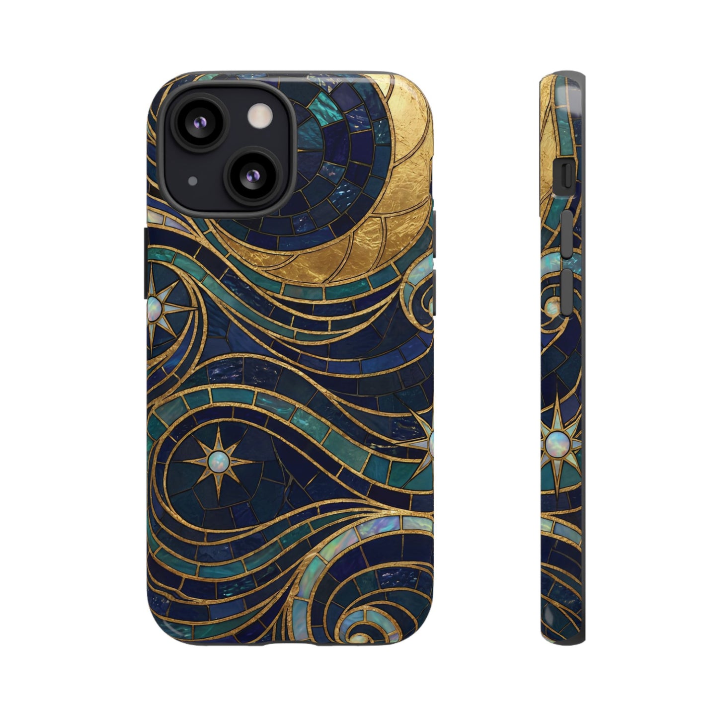 Elegant Navy & Gold Crescent Moon Mosaic Phone Case