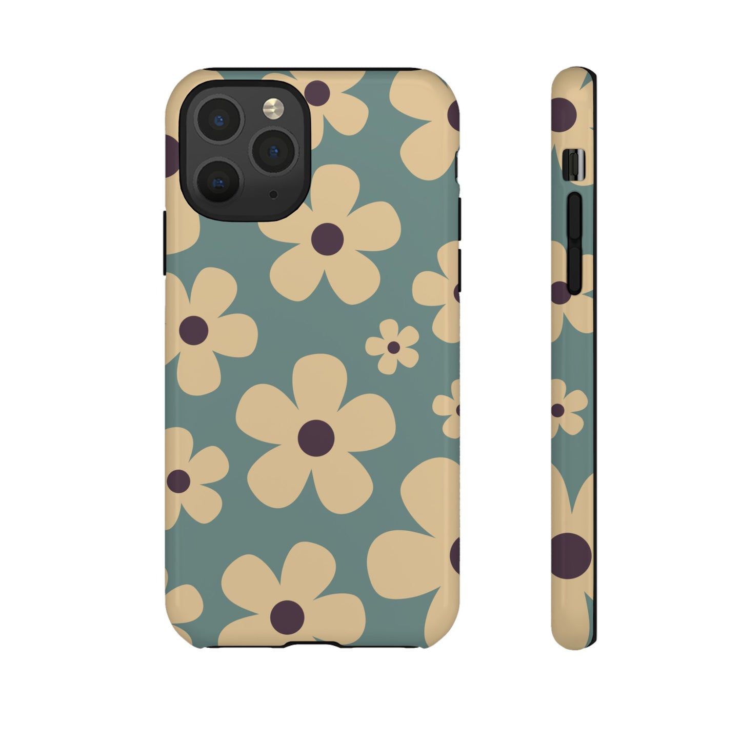 iPhone 11 Pro / Glossy Phone Case - Cute Blue & Cream Daisy Pattern Phone Case