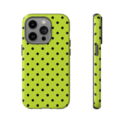 iPhone 14 Pro / Glossy Phone Case - Trendy Neon Lime Green & Black Dot Pattern Phone Case