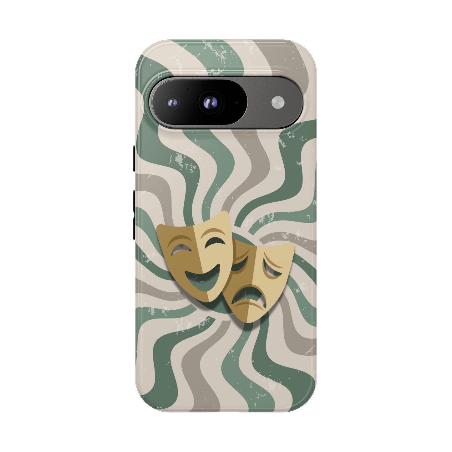 Google Pixel 9 / Glossy Phone Case - Comedy & Tragedy Masks – Green Minimal Retro Wave Phone Case