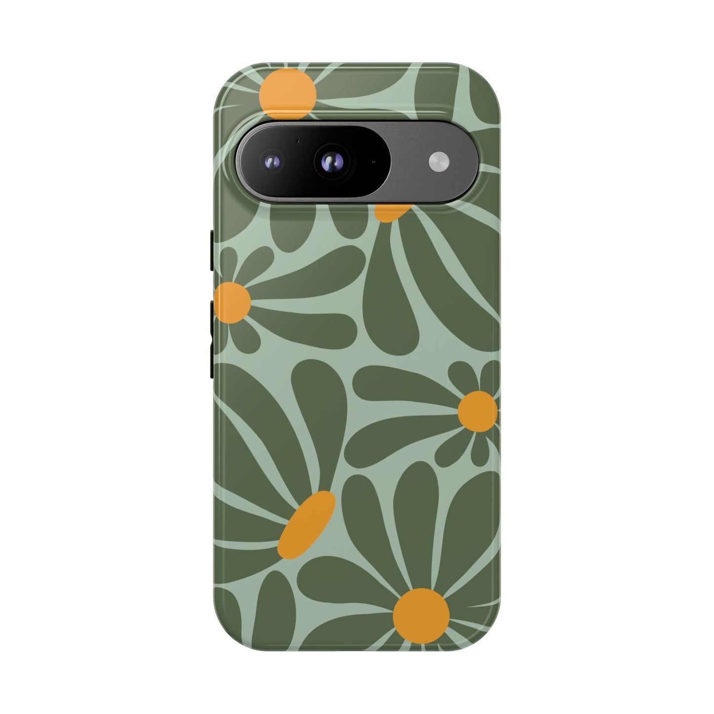 Google Pixel 9 / Glossy Phone Case - Retro Green Daisy Pattern Phone Case