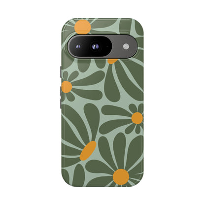 Google Pixel 9 / Glossy Phone Case - Retro Green Daisy Pattern Phone Case