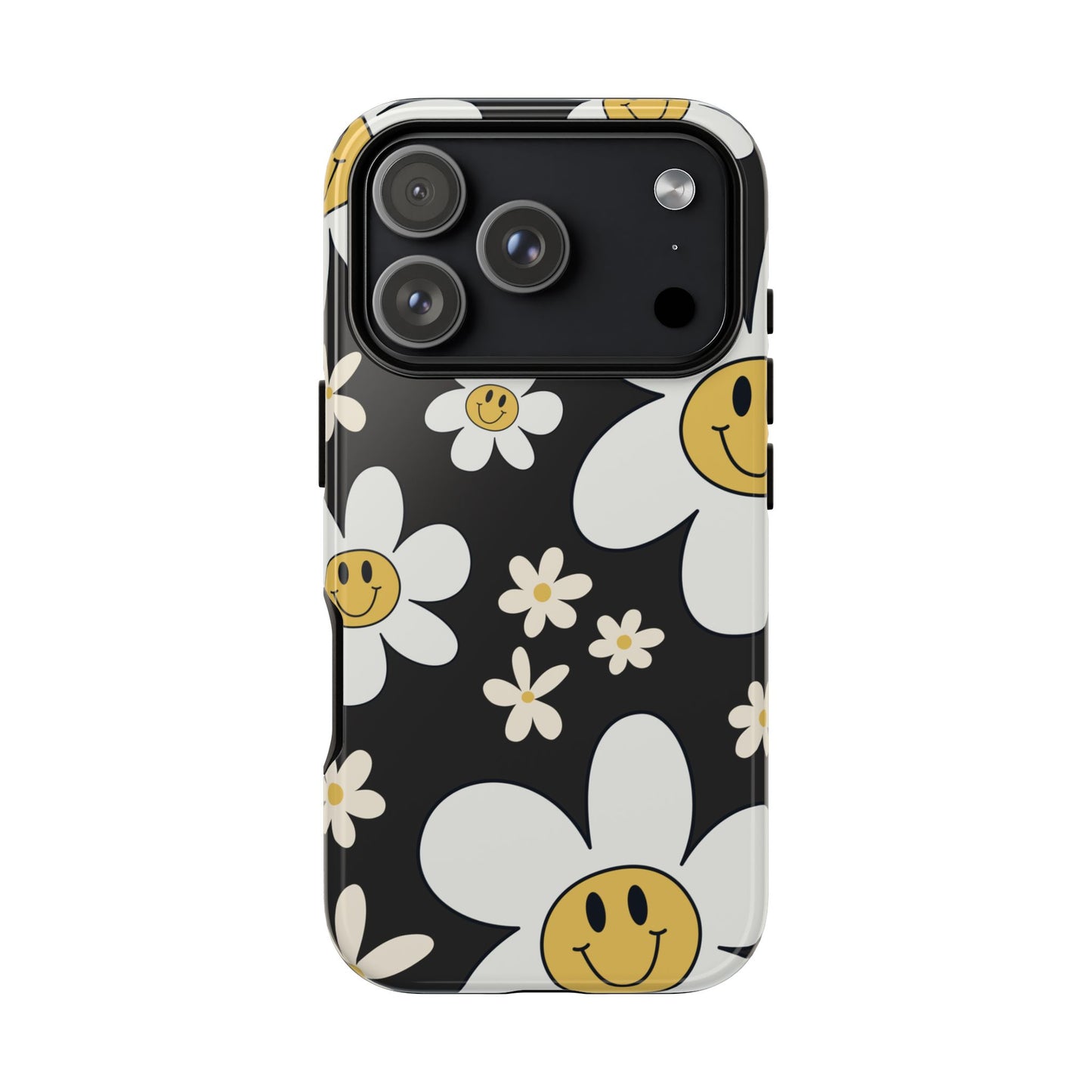 iPhone 17 Pro / Glossy Phone Case - Fun Retro Daisy Pattern with Dark Grey Background Phone Case
