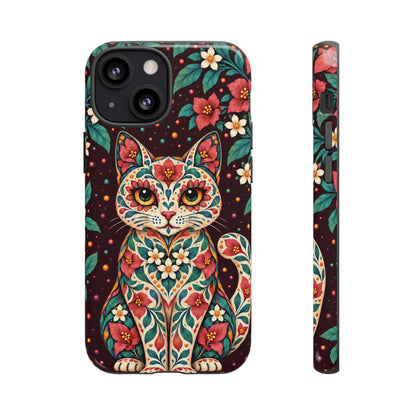 Vibrant Terracotta and Teal Calavera Cat Phone Case - Multicolor Phone Case - iPhone 13 Mini / Glossy