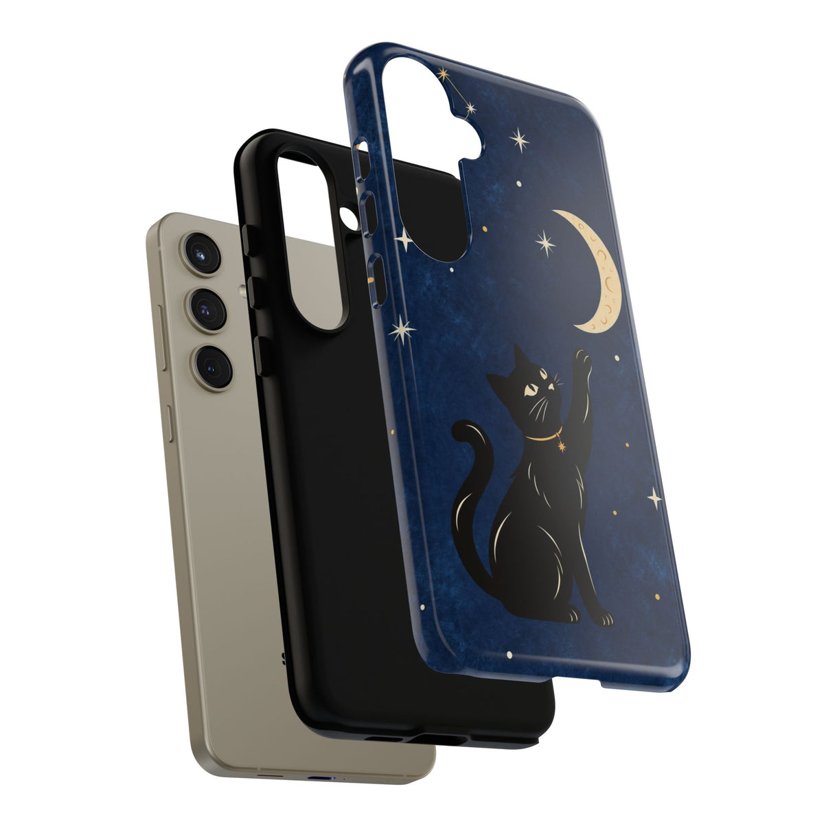 Whimsical Navy Blue Celestial Black Cat Phone Case