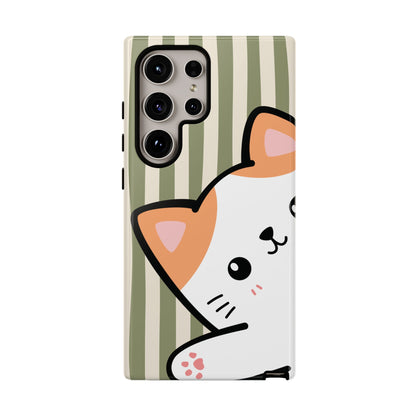 Samsung Galaxy S24 Ultra / Glossy Phone Case - Peakaboo Cat with Green Stripe Pattern Phone Case