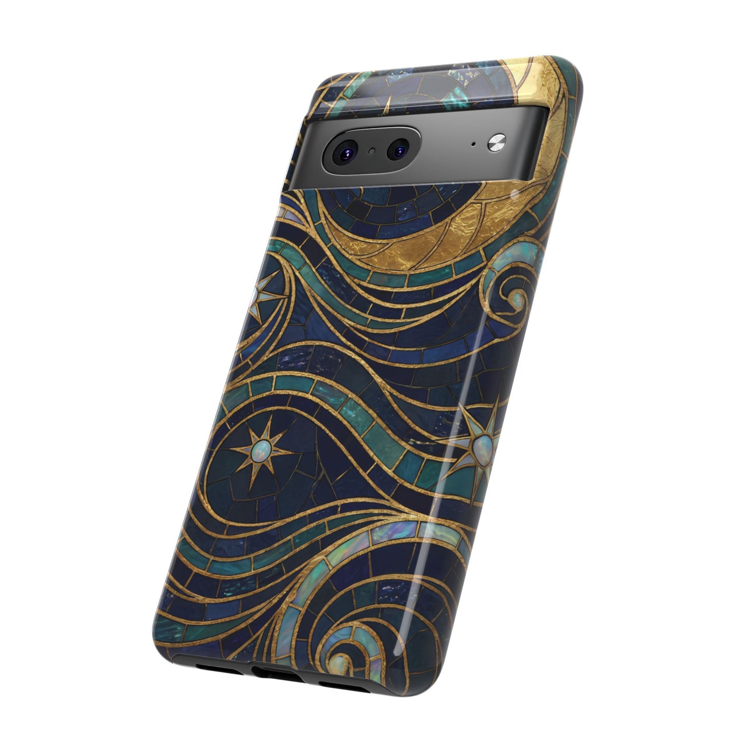 Elegant Navy & Gold Crescent Moon Mosaic Phone Case