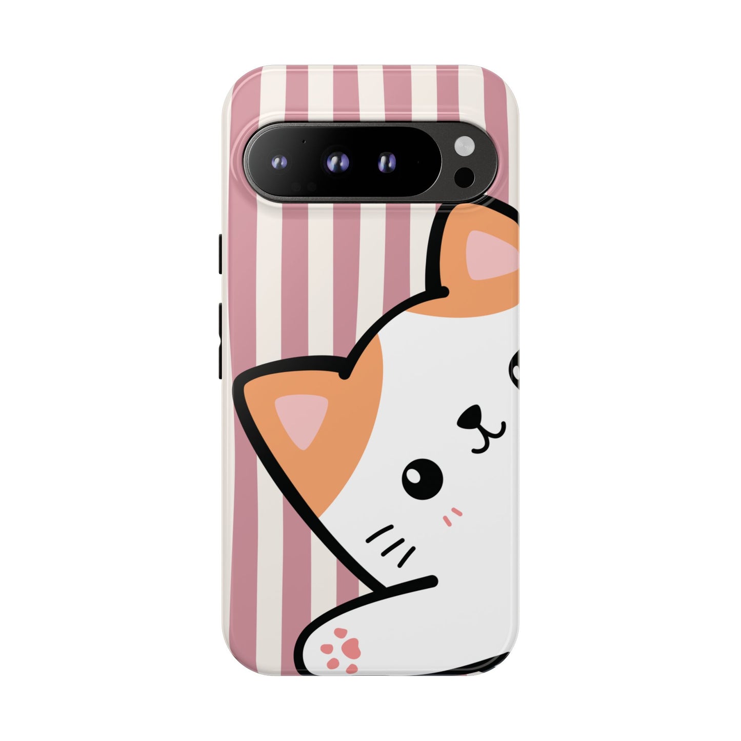 Playful Peakaboo Cat with Pink Stripe Pattern Phone Case - Pink Phone Case - Google Pixel 9 Pro XL / Glossy