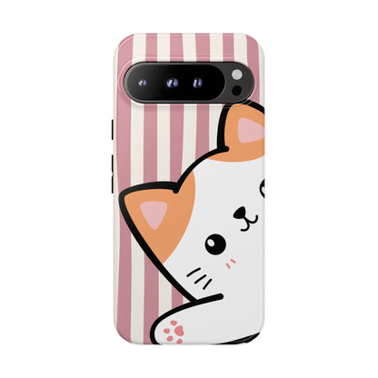Playful Peakaboo Cat with Pink Stripe Pattern Phone Case - Pink Phone Case - Google Pixel 9 Pro XL / Glossy