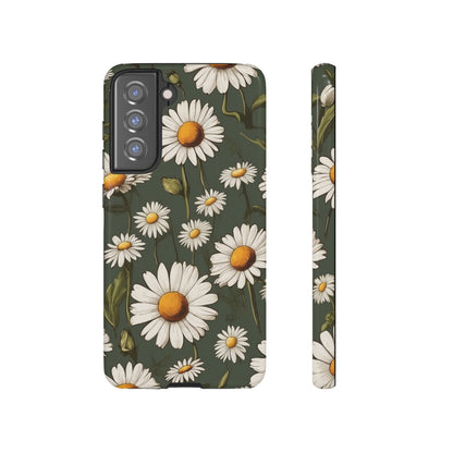 Samsung Galaxy S21 FE / Glossy Phone Case - Boho Chic Daisies Floral Pattern ’White & Green’ Phone Case