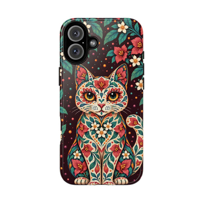 Vibrant Terracotta and Teal Calavera Cat Phone Case - Multicolor Phone Case - iPhone 16 Plus / Glossy