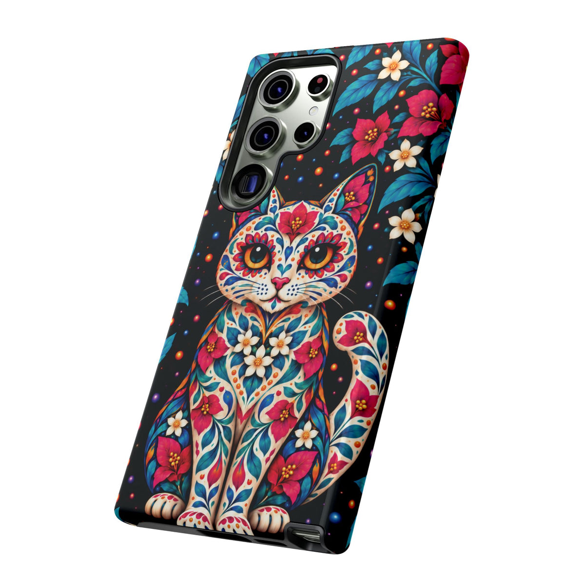 Vibrant Pink and Turquoise Calavera Cat Phone Case - Multicolor Phone Case