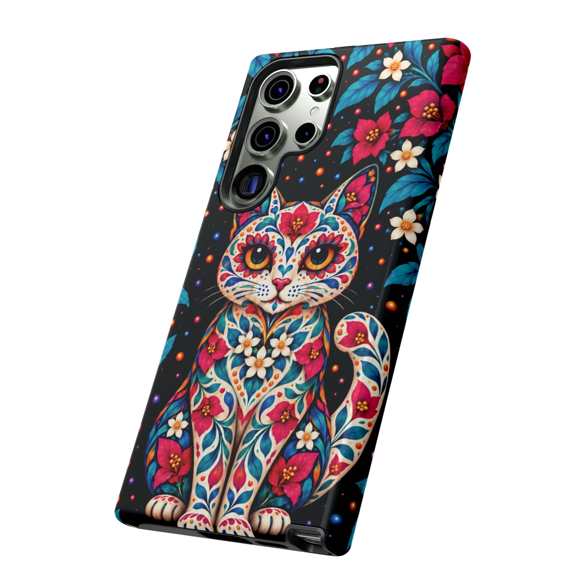 Vibrant Pink and Turquoise Calavera Cat Phone Case - Multicolor Phone Case