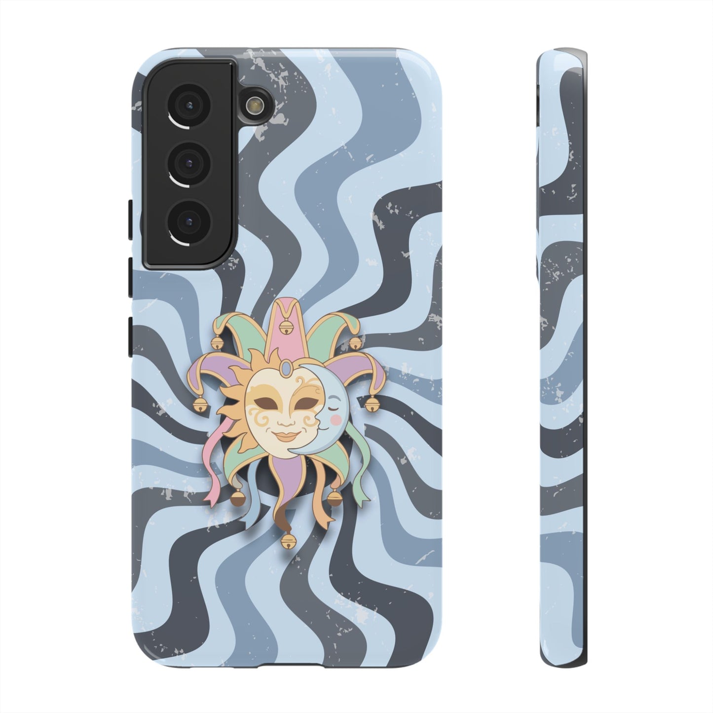 Samsung Galaxy S22 / Glossy Phone Case - Sun & Moon Jester Mask – Blue Retro Wave Phone Case