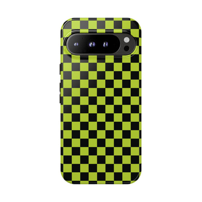 Trendy Neon Lime Green & Black Small Checked Pattern Phone Case - Green Phone Case - Google Pixel 9 Pro XL / Glossy