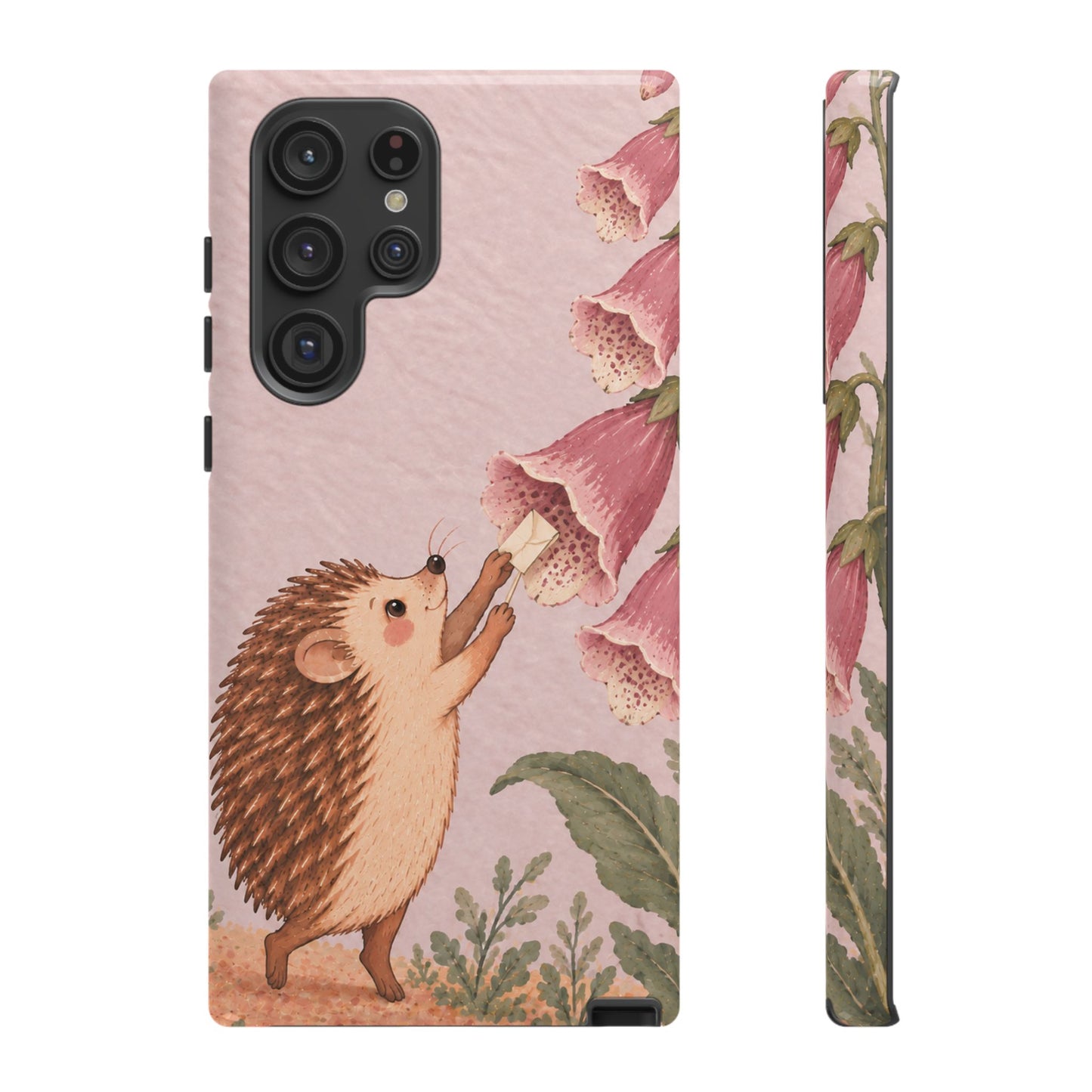 Whimsical Blush Pink Hedgehog and Foxglove Phone Case - Pink Phone Case - Samsung Galaxy S22 Ultra / Glossy