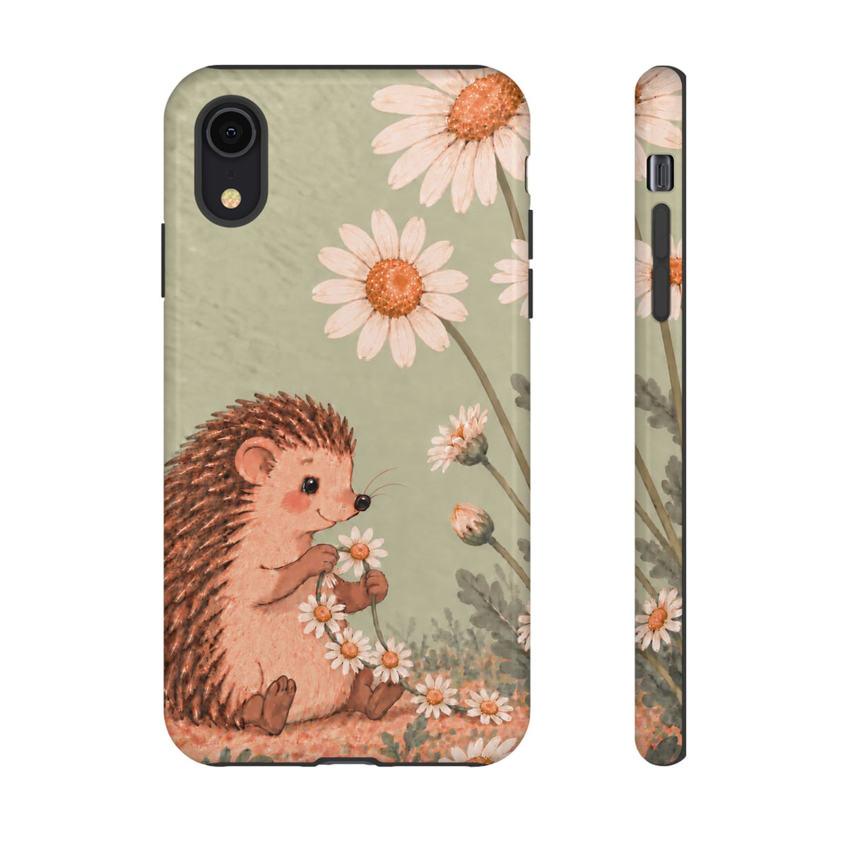 Whimsical Sage Green Hedgehog and Daisy Chain Phone Case - Green Phone Case - iPhone XR / Glossy