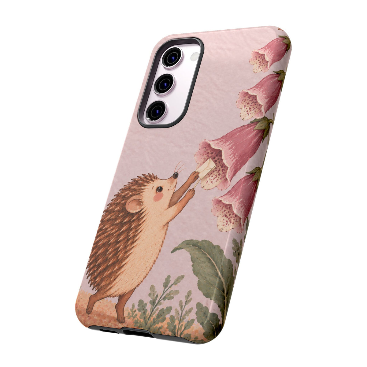 Whimsical Blush Pink Hedgehog and Foxglove Phone Case - Pink Phone Case