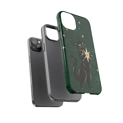 Forest Green Celestial Black Cat Phone Case - Green Phone Case