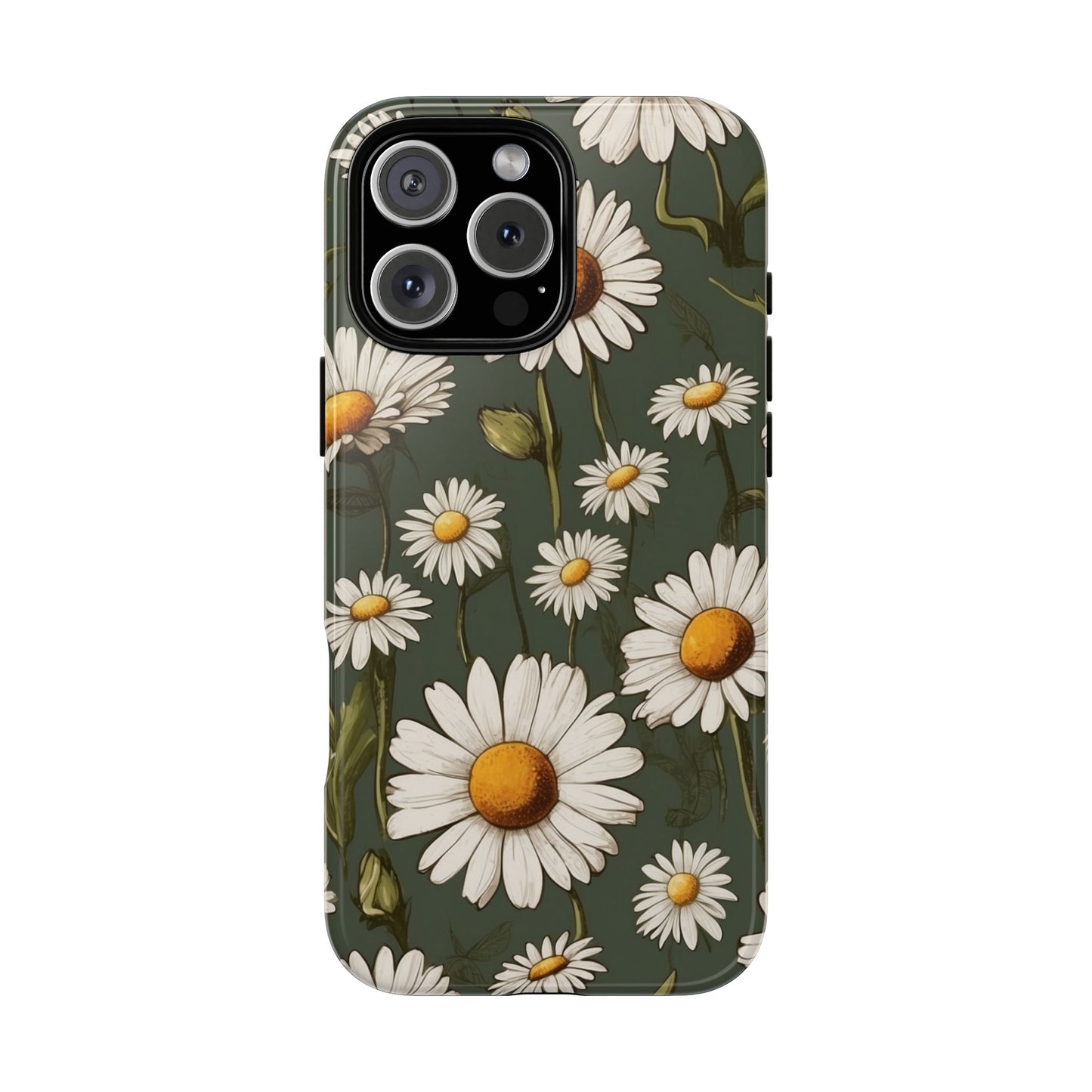 iPhone 16 Pro Max / Glossy Phone Case - Boho Chic Daisies Floral Pattern ’White & Green’ Phone Case