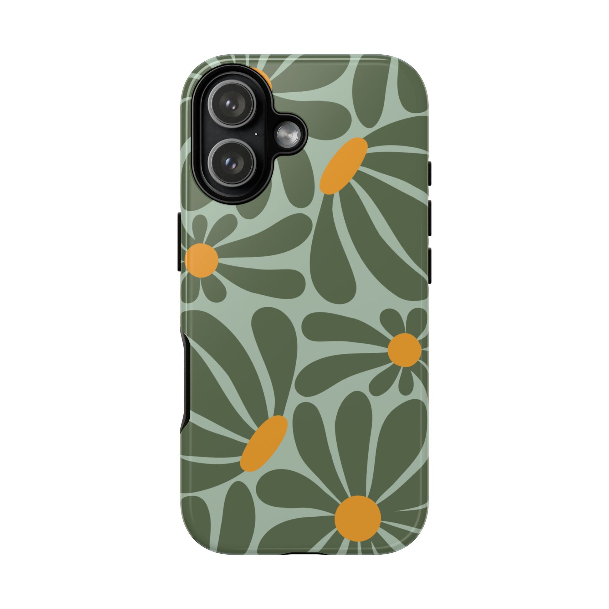 iPhone 17 / Glossy Phone Case - Retro Green Daisy Pattern Phone Case