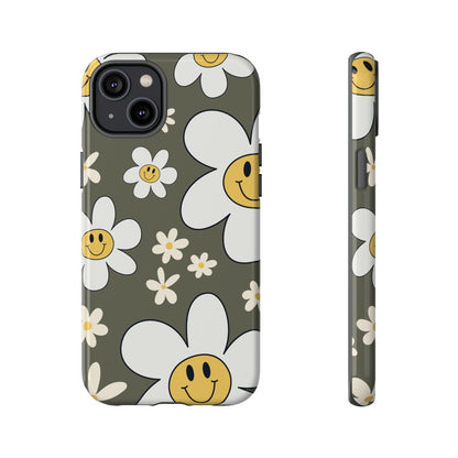 iPhone 14 Plus / Glossy Phone Case - Fun Retro Daisy Pattern with Olive Green Background Phone Case