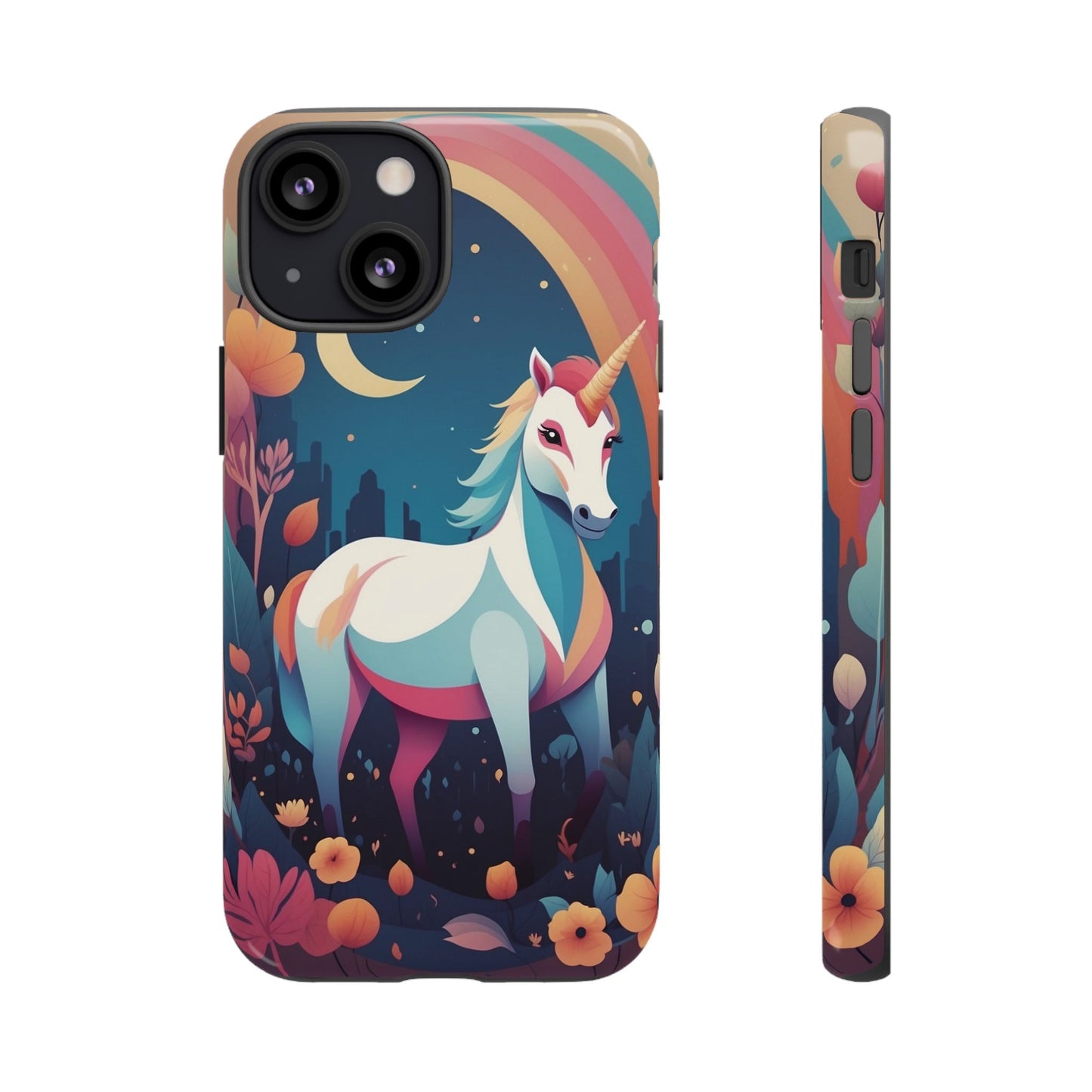 iPhone 13 Mini / Glossy Phone Case - Stylised Unicorn & Rainbow Design Phone Case