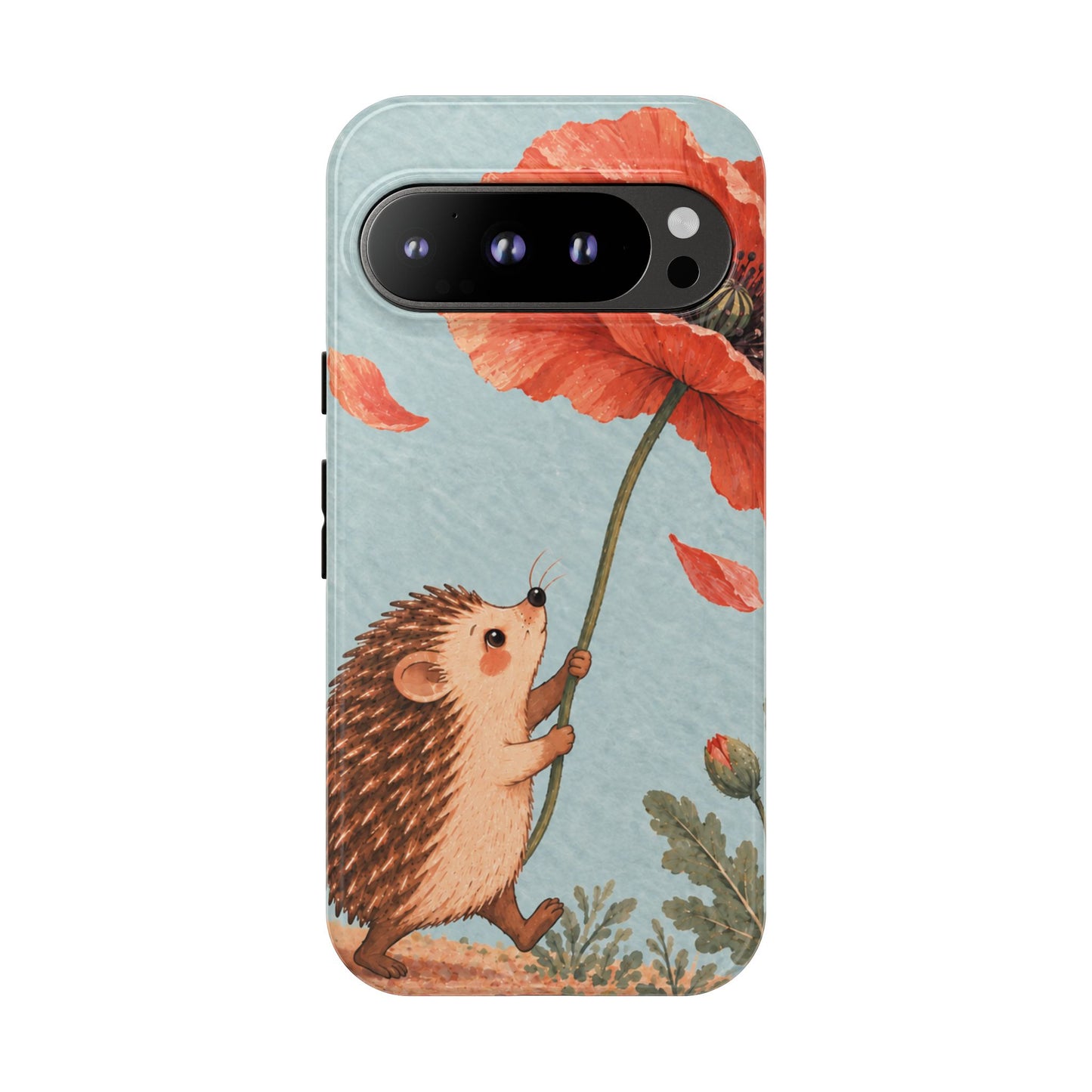 Whimsical Pale Blue Hedgehog and Poppy Phone Case - Blue Phone Case - Google Pixel 9 Pro / Glossy