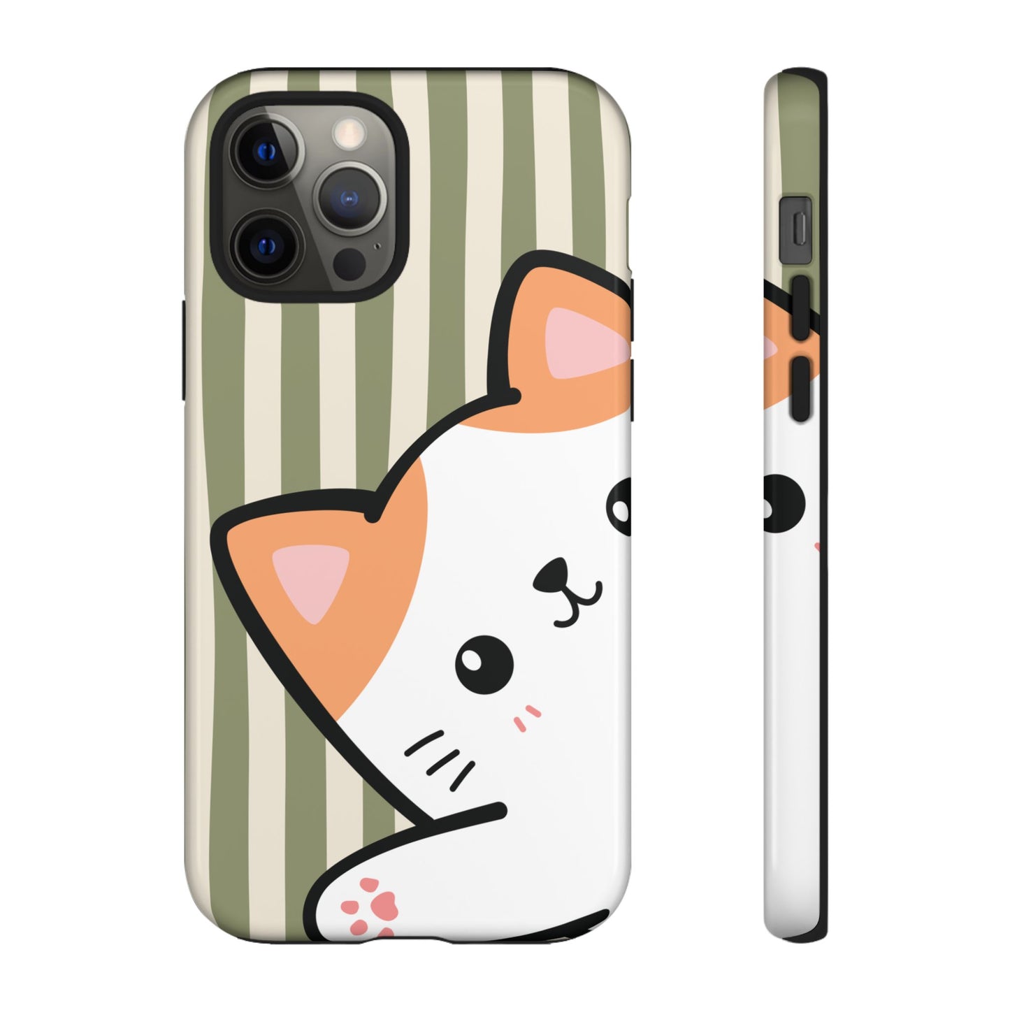 iPhone 12 Pro / Glossy Phone Case - Peakaboo Cat with Green Stripe Pattern Phone Case