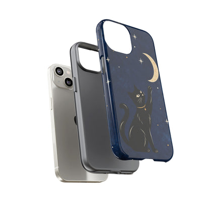 Whimsical Navy Blue Celestial Black Cat Phone Case