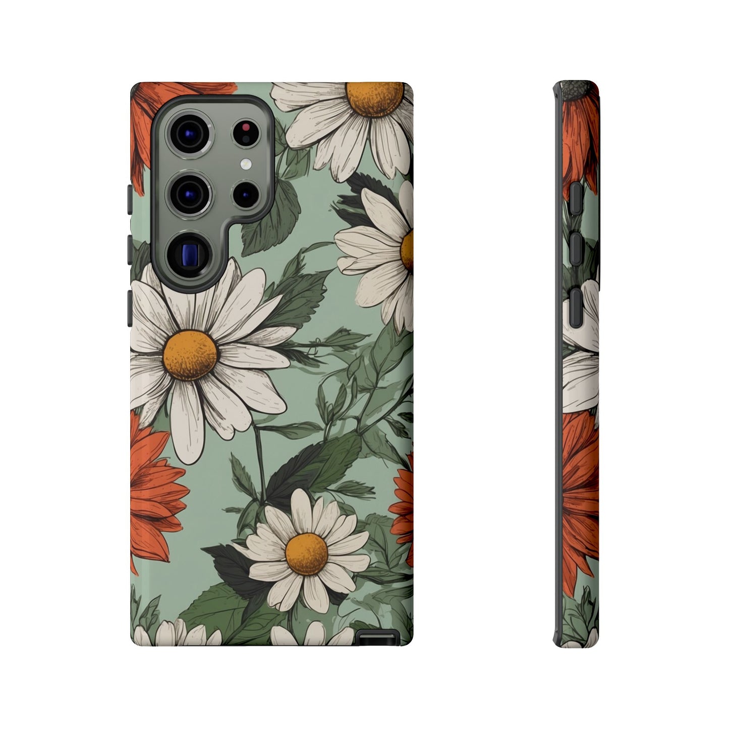 Samsung Galaxy S23 Ultra / Glossy Phone Case - Boho Chic Daisies Floral Pattern ’White & Orange’ Phone Case