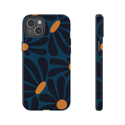 Dark Blue & Orange Daisy Pattern Phone Case - Blue Phone Case - iPhone 15 Plus / Glossy