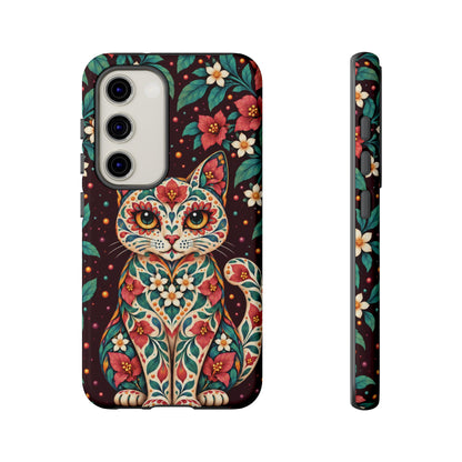 Vibrant Terracotta and Teal Calavera Cat Phone Case - Multicolor Phone Case - Samsung Galaxy S23 / Glossy