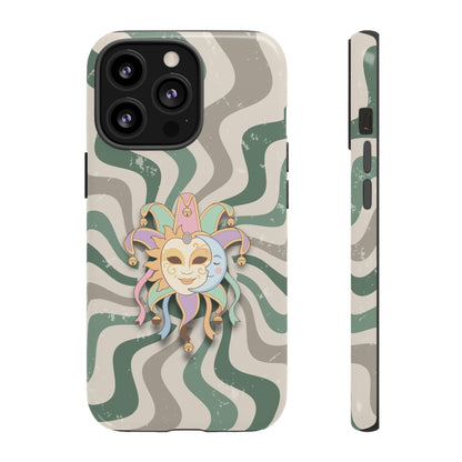 iPhone 13 Pro / Glossy Phone Case - Sun & Moon Jester Mask – Green Retro Wave Phone Case