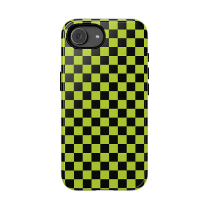 Trendy Neon Lime Green & Black Small Checked Pattern Phone Case - Green Phone Case - iPhone 17e / Glossy