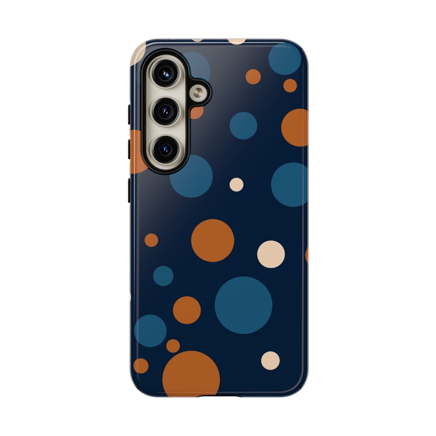 Samsung Galaxy S24 / Glossy Phone Case - ’Bold Navy Blue & Orange / White Dot Pattern’ Phone Case