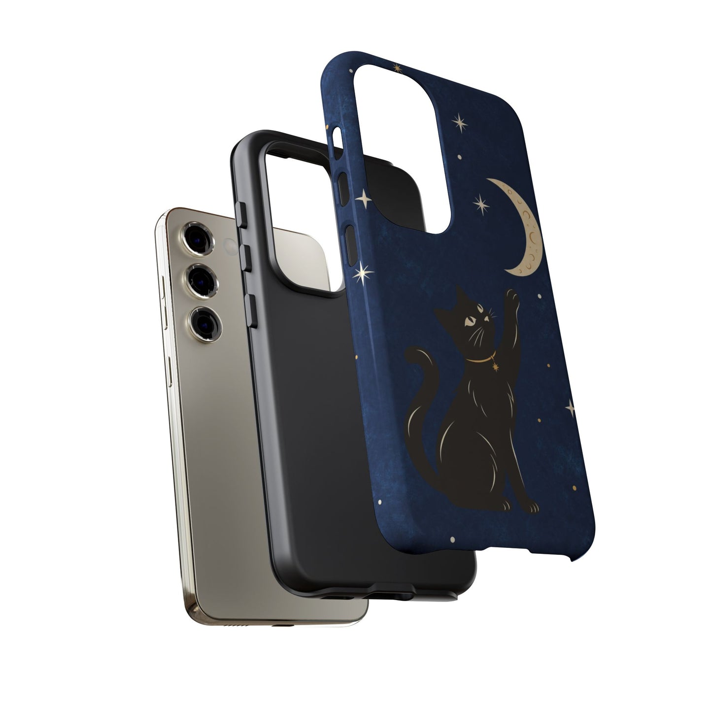 Whimsical Navy Blue Celestial Black Cat Phone Case